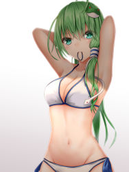 Rule 34 | 1girl, ahoge, armpits, arms up, bare arms, bikini, blush, breasts, collarbone, commentary request, eyes visible through hair, frog hair ornament, gradient background, green eyes, green hair, grey background, groin, hair between eyes, hair ornament, hair tie, hair tie in mouth, hair tubes, highres, kochiya sanae, long hair, looking at viewer, medium breasts, mouth hold, navel, santarou, side-tie bikini bottom, single sidelock, snake hair ornament, solo, standing, stomach, swimsuit, touhou, tying hair, upper body, white background, white bikini
