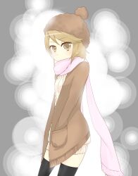 Rule 34 | 1girl, aran sweater, black thighhighs, breasts, brown coat, brown eyes, brown hair, brown hat, cable knit, child, coat, commentary request, dress, feet out of frame, from side, grey background, hand in pocket, hat, highres, i.u.y, kinuhata saiai, light blush, long sleeves, looking at viewer, medium hair, pink scarf, scarf, small breasts, solo, sweater, sweater dress, thighhighs, toaru majutsu no index, white sweater, winter clothes, zettai ryouiki