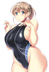 Rule 34 | 1girl, alternate costume, bare shoulders, blue eyes, blush, breasts, brown hair, chestnut mouth, competition swimsuit, covered navel, cowboy shot, hair between eyes, highleg, highleg swimsuit, huge breasts, intrepid (kancolle), kantai collection, kyogoku shin, lips, long hair, looking at viewer, navel, one-piece swimsuit, open mouth, ponytail, short hair, simple background, skindentation, solo, swimsuit, thick thighs, thighs, wide hips