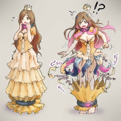 Rule 34 | !?, 1girl, beige background, blush, bound, bound legs, breasts, brown eyes, brown hair, cleavage, collar, crown, d:, dress, flying sweatdrops, grey background, horns, large breasts, long dress, long hair, medium breasts, mokushi-c3, monster girl, multicolored hair, multiple views, open mouth, original, parted bangs, pink hair, princess, short sleeves, simple background, standing, tentacles, torn clothes, transformation, transforming clothes, yellow dress