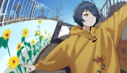 1girl ayumo_ri baggy_clothes blue_eyes blue_hair brown_eyes floral_print flower graffiti hair_ornament hairclip heterochromia hood hoodie ooto_ai shadow short_hair sky sunflower sunflower_print teeth wonder_egg_priority yellow_hoodie