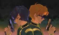 Rule 34 | 2boys, black background, blonde hair, blunt ends, brown eyes, char aznable, chinese commentary, closed mouth, commission, finger on trigger, from side, garma zabi, gradient background, green background, green jacket, gun, gundam, handgun, high collar, highres, holding, holding gun, holding weapon, icecoldblackfuel, jacket, long sleeves, male focus, mobile suit gundam the origin, multiple boys, parted lips, pink background, purple-tinted eyewear, purple hair, second-party source, short hair, simple background, sunglasses, tinted eyewear, walther, walther ppk, weapon
