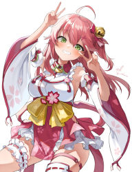 Rule 34 | 1girl, absurdres, bell, blush, bow, breasts, commentary, cowboy shot, detached sleeves, double v, floral print, frills, green eyes, grin, hair bell, hair between eyes, hair ornament, hair ribbon, head tilt, highres, hip vent, hololive, japanese clothes, kimono, kito koruta, long hair, looking at viewer, medium breasts, paw print, paw print pattern, pink hair, pink ribbon, ribbon, sakura miko, sakura miko (1st costume), sakuramon, side ponytail, signature, simple background, single thighhigh, smile, solo, thigh strap, thighhighs, thighs, v, virtual youtuber, white background, white kimono, white thighhighs, wide sleeves, wing collar, x hair ornament, yellow bow