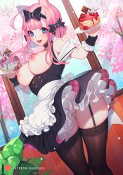 Rule 34 | 1girl, animal ears, apron, bare shoulders, black bow, black skirt, blue eyes, blunt bangs, bow, breasts, breasts out, cake, cat ears, cherry blossoms, cleft of venus, day, dutch angle, feet out of frame, food, fujiwara chika, garter straps, hair bow, happy, holding, holding cake, holding food, holding plate, kaguya-sama wa kokurasetai ~tensai-tachi no renai zunousen~, large breasts, long hair, looking at viewer, maid, maid cafe, nanoless, nipples, no panties, open mouth, patreon username, pink hair, plant, plate, potted plant, pussy, skirt, smile, solo, thighhighs, thighs, uncensored, underbust, waist apron, window