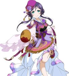 Rule 34 | 10s, 1girl, accessories, dress, flower, flower on head, green eyes, hair flower, hair ornament, hat, long hair, love live!, love live! school idol festival, love live! school idol project, mallet, official art, purple hair, solo, third-party edit, tojo nozomi, traditional clothes, transparent background