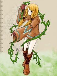 Rule 34 | 1girl, agga, blonde hair, boots, brown eyes, female focus, final fantasy, final fantasy tactics, full body, geomancer, geomancer (fft), gloves, gradient background, long hair, plant, solo, vines