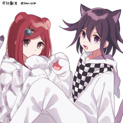 Rule 34 | 1boy, 1girl, animal costume, animal ears, animal hands, animal print, bad id, bad pixiv id, black hair, cat costume, cat ears, cat tail, checkered clothes, checkered scarf, closed mouth, commentary request, danganronpa (series), danganronpa v3: killing harmony, from side, hair between eyes, hair ornament, hairclip, hand up, hood, hood down, looking at viewer, nanao (nanao1023), oma kokichi, open mouth, purple eyes, purple hair, red eyes, red hair, scarf, short hair, simple background, sitting, smile, tail, tiger costume, tiger ears, tiger print, white background, yumeno himiko