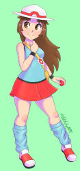 Rule 34 | 1girl, aqua shirt, arm at side, armpits, artist name, bag, bare shoulders, breasts, brown eyes, brown hair, child, clenched hands, creatures (company), eyelashes, facing viewer, female focus, fingernails, full body, game freak, gen 1 pokemon, glitchynpc, green background, hand on own neck, hand up, happy, hat, highres, holding, holding poke ball, leaf (pokemon), leg warmers, legs, long hair, long image, looking to the side, matching hair/eyes, miniskirt, neck, nintendo, parted bangs, pleated skirt, poke ball, pokemon, pokemon frlg, porkpie hat, print headwear, red skirt, shiny clothes, shiny skin, shirt, shoes, sidelocks, simple background, skirt, sleeveless, sleeveless shirt, small breasts, smile, sneakers, socks, standing, straight hair, tall image, two-tone footwear, two-tone shirt, white headwear, wristband