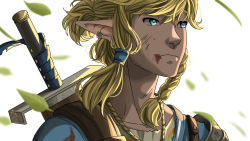 Rule 34 | 1boy, absurdres, blonde hair, blood, blood on face, blue eyes, collar, earrings, highres, injury, jewelry, falling leaves, link, looking away, male focus, multicolored eyes, nintendo, pointy ears, ponytail, sadraquesakuga, sword, the legend of zelda, the legend of zelda: breath of the wild, weapon