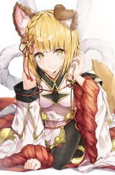Rule 34 | 1girl, animal ear fluff, animal ears, black pantyhose, blonde hair, blunt bangs, breasts, closed mouth, commentary request, detached sleeves, dog ears, erune, granblue fantasy, hair ornament, highres, hyouta (yoneya), kneeling, looking at viewer, medium breasts, pantyhose, rope, shimenawa, short hair, simple background, smile, solo, tail, vajra (granblue fantasy), white background, wide sleeves
