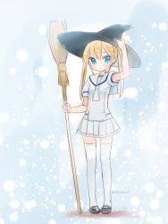 Rule 34 | 1girl, ascot, blonde hair, blue eyes, broom, hat, koruri, long hair, looking at viewer, mary janes, original, shoes, skirt, solo, thighhighs, twintails, white thighhighs, witch hat