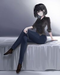 Rule 34 | 1girl, absurdres, ahoge, bed, bed sheet, black eyes, black hair, black shirt, blood, blood stain, blue pants, blurry, blurry background, bob cut, breasts, closed mouth, clothes, collared shirt, commission, crossed legs, dress shirt, feet, frown, full body, hair ornament, hair strand, hairclip, hands on bed, highres, holding, long sleeves, looking at viewer, medium breasts, ming (user arcn7324), monochrome background, no shoes, on bed, original, pants, seamed legwear, shadow, shirt, short hair, side-seamed legwear, sitting, sleeves rolled up, solo, wrinkled fabric