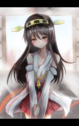 Rule 34 | 10s, 1girl, bare shoulders, black hair, blush, detached sleeves, hairband, haruna (kancolle), highres, kantai collection, letterboxed, long hair, nontraditional miko, sidelocks, skirt, smile, solo, takorice, yellow eyes