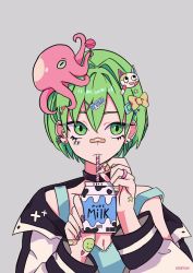 Rule 34 | 1girl, alternate costume, artist name, bandaid, bandaid on face, bandaid on hand, bandaid on nose, bangs, bow, drinking straw, ear piercing, earrings, foo fighters, green eyes, green hair, grey background, hair bow, hair ornament, hairclip, hands up, jewelry, jojo no kimyou na bouken, kissyun, long sleeves, milk carton, nail polish, octopus, off shoulder, piercing, purple nails, ring, short hair, simple background, solo, stone ocean, upper body, yellow bow