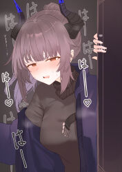 Rule 34 | 1girl, absurdres, arknights, arm up, black background, black horns, black sweater, blunt bangs, blush, breath, commentary request, dragon girl, dragon horns, drooling, embarrassed, grey hair, half-closed eyes, heart, heavy breathing, highres, horns, jacket, liskarm (arknights), looking at viewer, medium hair, mouth drool, nose blush, off shoulder, open clothes, open jacket, open mouth, orange eyes, ponytail, purple horns, purple jacket, pussy juice, pussy juice on fingers, simple background, solo, sound effects, suzubotan, sweat, sweater, turtleneck, turtleneck sweater, upper body