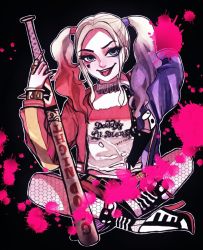Rule 34 | 1girl, baseball bat, batman (series), blonde hair, boots, colored tips, dc comics, fishnets, harley quinn, high heel boots, high heels, jacket, lipstick, makeup, multicolored hair, sitting, solo, suicide squad, twintails, weapon