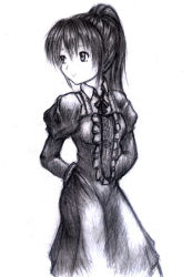 Rule 34 | 1girl, android, arms behind back, center frills, closed mouth, dazzle (shinkonryu), dress, expressionless, frilled dress, frills, greyscale, juliet sleeves, long hair, long sleeves, looking to the side, monochrome, original, ponytail, puffy sleeves, simple background, solo, standing, white background