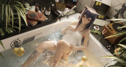 Rule 34 | 1girl, absurdres, animal ears, arknights, bathing, bathtub, black hair, blush, book, bottle, breasts, copyright name, cup, drinking glass, food, fruit, grapes, highres, indoors, keyboard (computer), knee up, ling dianxia, looking at viewer, monitor, naked towel, penguin logistics logo, petals, phonograph, plant, potted plant, rhodes island logo (arknights), rubber duck, small breasts, solo, texas (arknights), towel, water, wet, wine bottle, wine glass, wolf ears, yellow eyes