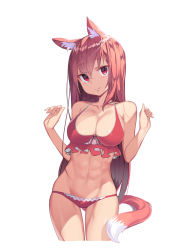 Rule 34 | 1girl, abs, animal ear fluff, animal ears, bare arms, bare shoulders, bikini, blush, breasts, brown hair, cleavage, closed mouth, commentary request, copyright request, cowboy shot, cropped legs, gluteal fold, hair between eyes, hands up, large breasts, long hair, navel, newey, red bikini, red eyes, simple background, smile, solo, swimsuit, tail, very long hair, white background