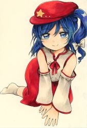 Rule 34 | 1girl, bare shoulders, blue eyes, blue hair, breasts, cabbie hat, detached sleeves, extra, flat cap, hat, highres, label girl (dipp), looking at viewer, maa (forsythia1729), mandarin collar, medium hair, naughty face, red hat, red neckwear, red skirt, side ponytail, simple background, skirt, smile, socks, star (symbol), touhou, traditional media, vest, white background, white sleeves, white vest, wide sleeves