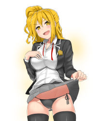 Rule 34 | black panties, black thighhighs, blonde hair, breasts, clothes lift, cowboy shot, artistic error, gluteal fold, grey skirt, hand on own chest, holding panties, large breasts, lifted by self, long hair, long sleeves, looking at viewer, open mouth, origami hina, panties, pleated skirt, presenting removed panties, school girl strikers, school uniform, side-tie panties, side ponytail, skirt, skirt lift, smile, smug, solo, string panties, thighhighs, underwear, yellow eyes, yuzu kiro