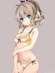 Rule 34 | 10s, 1girl, blue eyes, bra, breasts, brown background, brown hair, cleavage, cowboy shot, curly hair, hair ornament, hand on own arm, hatakaze (kancolle), kantai collection, looking at viewer, medium breasts, medium hair, navel, o-ring, o-ring bottom, o-ring panties, panties, parted lips, ponytail, shirokitsune, side-tie panties, simple background, solo, twitter username, underwear, underwear only, yellow bra, yellow panties