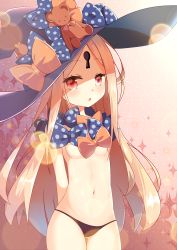 Rule 34 | 1girl, :o, abigail williams (fate), abigail williams (second ascension) (fate), absurdres, black bow, black hat, black panties, blonde hair, blush, bow, breasts, cowboy shot, fate/grand order, fate (series), gluteal fold, hat, hat bow, highres, huge filesize, keyhole, long hair, looking at viewer, nan (n nan), navel, orange bow, panties, parted bangs, parted lips, red eyes, small breasts, solo, sparkle background, stuffed animal, stuffed toy, teddy bear, tilted headwear, topless, underwear, very long hair, witch hat
