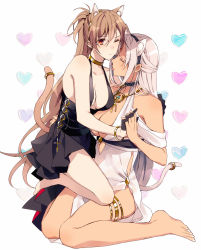 Rule 34 | 2girls, amazuki jou, animal ears, arm around waist, azur lane, barefoot, black dress, black gloves, blush, body markings, breasts, brown hair, cat ears, cat tail, center opening, choker, cleavage, closed eyes, cocktail dress, collarbone, commentary request, cross, dark-skinned female, dark skin, dress, evening gown, extra ears, facial mark, feet, forehead mark, gloves, gold bracelet, gold choker, hair between eyes, half gloves, half updo, halter dress, halterneck, heart, high-waist sideboob, highres, holding hands, interlocked fingers, jean bart (azur lane), jean bart (uninhibited bloodstone) (azur lane), jewelry, kemonomimi mode, kneeling, licking, light blush, light brown hair, long hair, looking at another, massachusetts (azur lane), massachusetts (dressed to impress) (azur lane), medium breasts, multiple girls, necklace, on lap, one eye closed, red eyes, short dress, side slit, sitting, sweatdrop, tail, thighlet, thighs, toes, tongue, tongue out, wariza, white background, white dress, white hair, yuri