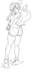Rule 34 | 1girl, ass, boots, bow, breasts, breasts squeezed together, curly hair, dragon ball, drawfag, from behind, gloves, greyscale, hairband, highres, large breasts, long hair, lunch (dragon ball), lunch (good) (dragon ball), monochrome, pea-2, shorts, solo, v arms