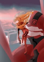 Rule 34 | 1girl, absurdres, arm support, artist request, ass, barefoot, blue eyes, bodysuit, breasts, brown hair, butt crack, city, closed mouth, curvy, eva 02, floating hair, highres, interface headset, long hair, looking at viewer, looking back, mecha, medium breasts, multicolored bodysuit, multicolored clothes, neon genesis evangelion, pilot suit, plugsuit, red bodysuit, robot, simple background, skin tight, solo, souryuu asuka langley, two-tone bodysuit, two side up, very long hair, wind