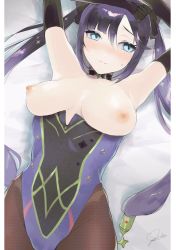 Rule 34 | 1girl, armpits, arms up, black gloves, black hair, black pantyhose, blue leotard, blush, bodystocking, breasts, breasts apart, breasts out, elbow gloves, genshin impact, gloves, grey eyes, groin, hair ornament, highleg, highleg leotard, highres, large breasts, leotard, looking away, lying, mona (genshin impact), nipples, pantyhose, solo, star (symbol), star hair ornament, twintails