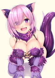 Rule 34 | 1girl, all fours, animal ears, bare shoulders, blush, breasts, cat ears, cleavage, elbow gloves, fang, fate/grand order, fate (series), fur trim, gloves, hair over one eye, halloween, halloween costume, highres, large breasts, looking at viewer, mash kyrielight, mash kyrielight (dangerous beast), nano (syoutamho), o-ring, o-ring top, official alternate costume, open mouth, pink hair, purple eyes, purple gloves, purple thighhighs, short hair, simple background, smile, solo, tail, thighhighs, white background, wolf ears, wolf tail