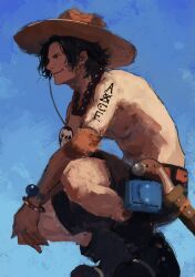 1boy arm_tattoo armlet black_hair blue_sky closed_mouth freckles from_side fuyumurasaki hat highres jewelry male_focus necklace one_piece pants portgas_d._ace sheath short_hair sky smile solo squatting straw_hat tattoo topless_male