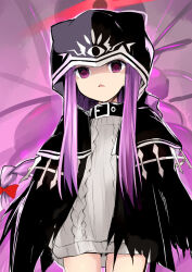 Rule 34 | 1girl, black cloak, breasts, cloak, collar, dress, fate/grand order, fate (series), hood, hooded cloak, long hair, looking at viewer, medusa (fate), medusa (lancer) (fate), open mouth, parted bangs, purple eyes, purple hair, rider, sen (astronomy), sidelocks, small breasts, solo, sweater, sweater dress, very long hair, white dress