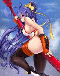 Rule 34 | 1girl, :o, akaokuro oumu, antenna hair, ass, back, backless outfit, bare arms, bare shoulders, black pants, blazblue, blazblue: central fiction, blue hair, boots, bow, breasts, fingerless gloves, from side, genderswap, genderswap (mtf), gloves, hair between eyes, hair bow, halterneck, high heel boots, high heels, highres, holding, holding weapon, large breasts, leg up, long hair, lowleg, lowleg pants, mai natsume, midriff, no bra, no panties, open mouth, outseal, pants, polearm, ponytail, purple eyes, red gloves, revealing clothes, ribbon, shiny clothes, shiny skin, sideboob, sidelocks, solo, spear, standing, thighs, very long hair, weapon, yellow bow