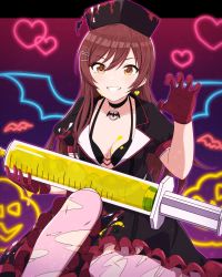 Rule 34 | 1girl, absurdres, breasts, brown hair, choker, commentary, earrings, gloves, grin, hair ornament, hairclip, halloween costume, hat, highres, idolmaster, idolmaster shiny colors, jewelry, large syringe, long hair, medium breasts, nagami tami, nurse cap, osaki amana, oversized object, puffy short sleeves, puffy sleeves, short sleeves, smile, solo, syringe, torn clothes, torn legwear, yellow eyes