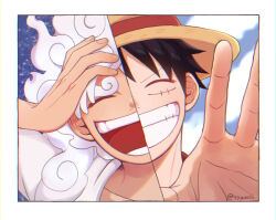 Rule 34 | 10nemuiyo, 1boy, :d, alternate form, black eyes, black hair, closed eyes, cloud hair, curly eyebrows, facial scar, gear fifth, hand on own head, hat, male focus, monkey d. luffy, multiple views, official alternate hairstyle, one piece, open mouth, portrait, reaching, reaching towards viewer, scar, scar on cheek, scar on face, short hair, smile, spoilers, straw hat, teeth, thick eyebrows, white hair