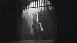 Rule 34 | bloodborne, castle, cloak, gate, greyscale, highres, holding, holding sword, holding weapon, horse, horseback riding, long coat, ludwig the accursed, monochrome, moonlight greatsword, portcullis, riding, sword, tripdancer, two-handed sword, weapon
