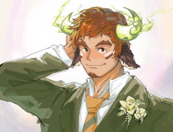 Rule 34 | 1boy, animal ears, brown eyes, brown hair, cow boy, cow ears, cow horns, dichuan (arriverw), facial hair, fiery horns, forked eyebrows, formal, glowing horns, goatee, green suit, hand in own hair, highres, horns, male focus, necktie, official alternate costume, short hair, smile, solo, striped necktie, suit, thick eyebrows, tokyo houkago summoners, upper body, wakan tanka