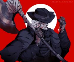 Rule 34 | 1boy, absurdres, artist name, axe, bandaged arm, bandaged hand, bandages, beard, black headwear, blindfold, blood, bloodborne, facial hair, father gascoigne, hat, highres, holding, holding axe, holding jewelry, holding necklace, jewelry, male focus, necklace, pendant, standing, tatiandart1, weapon, white hair