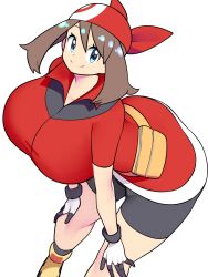 Rule 34 | 1girl, bandana, bellupup, bent over, black gloves, black shorts, blue eyes, breasts, brown hair, closed mouth, creatures (company), dutch angle, game freak, gloves, highres, huge breasts, looking at viewer, may (pokemon), medium hair, nintendo, pokemon, pokemon rse, red shirt, shirt, shoes, short sleeves, shorts, simple background, smile, sneakers, solo, standing, white background, white gloves, yellow footwear