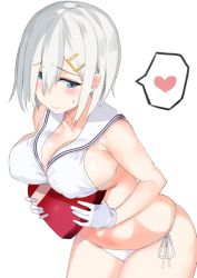 Rule 34 | 1girl, alternate costume, bikini, blue eyes, blush, bra, breasts, candy, chocolate, chocolate heart, cleavage, collarbone, cosplay, covered erect nipples, dutch angle, embarrassed, food, gloves, hair between eyes, hair ornament, hairclip, hamakaze (kancolle), heart, kantai collection, large breasts, leaning forward, looking at viewer, maji (etonato), panties, sailor bikini, sailor collar, short hair, side-tie bikini bottom, side-tie panties, sideboob, silver hair, simple background, smile, solo, spoken heart, swimsuit, underwear, underwear only, upper body, valentine, white bikini, white bra, white gloves, white panties, z3 max schultz (kancolle), z3 max schultz (kancolle) (cosplay)