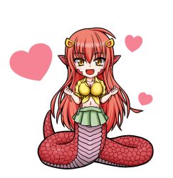 Rule 34 | 10s, 1girl, aoba kino, breasts, chibi, cleavage, fang, front-tie top, full body, green skirt, groin, hair ornament, hairclip, heart, lamia, long hair, looking at viewer, miia (monster musume), monster girl, monster musume no iru nichijou, navel, open mouth, pointy ears, red hair, scales, shirt, simple background, skirt, slit pupils, solo, very long hair, white background, yellow eyes, yellow shirt