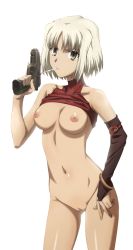 Rule 34 | 1girl, 428, bottomless, breasts, canaan (character), canaan (series), cigarette, cleft of venus, clothes lift, gun, highres, kanan, nipples, nude, pussy, shirt lift, short hair, smoking, solo, standing, uncensored, weapon, white hair