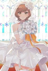 Rule 34 | 1girl, arm strap, bouquet, bow, bridal veil, brown eyes, brown hair, closed mouth, cowboy shot, dress, elbow gloves, flower, garter straps, gloves, hair flower, hair ornament, highres, holding, holding bouquet, honi hogya, lily (flower), looking at viewer, short dress, short hair, sleeveless, sleeveless dress, smile, solo, standing, swept bangs, thighhighs, veil, wedding dress, white bow, white dress, white flower, white gloves, white thighhighs, yu-gi-oh!, yu-gi-oh! vrains, yuu-gi-ou, yuu-gi-ou vrains, zaizen aoi, zettai ryouiki