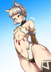 Rule 34 | 1girl, animal ears, arms behind back, bikini, blue background, blunt ends, blush, cat ears, closed mouth, dutch angle, embarrassed, flat chest, flying sweatdrops, gem, gradient background, grey hair, highres, looking away, medium hair, navel, nia (xenoblade), ryuusei (mark ii), sidelocks, signature, swimsuit, white bikini, xenoblade chronicles (series), xenoblade chronicles 2
