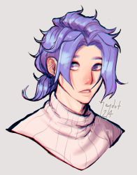 Rule 34 | 1boy, absurdres, artist name, blue-haired boy (how to draw manga), blue eyes, blue hair, blush, chromatic aberration, dated, derivative work, forehead, grey background, hair intakes, hair tie, highres, how to draw manga, how to draw manga redraw challenge (meme), jaydot, looking to the side, male focus, matching hair/eyes, meme, nose blush, parted lips, ponytail, portrait, short hair, signature, simple background, solo, sweater, teeth, turtleneck, turtleneck sweater, upper body, white sweater