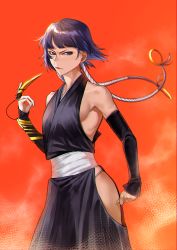 Rule 34 | 1girl, absurdres, ayuayu (chisuke ayu), bare hips, black kimono, black sleeves, bleach, blue eyes, blue hair, breasts, closed mouth, collarbone, detached sleeves, frown, highres, japanese clothes, kimono, long sleeves, looking at viewer, orange background, short hair with long locks, sideboob, sidelocks, sleeveless, sleeveless kimono, small breasts, solo, sui-feng, twintails, v-shaped eyebrows
