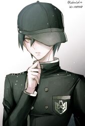 Rule 34 | 1boy, ahoge, black hair, black hat, black jacket, blush, brown eyes, buttons, danganronpa (series), danganronpa v3: killing harmony, double-breasted, hand up, hat, jacket, long sleeves, looking at viewer, male focus, saihara shuichi, sideways glance, simple background, solo, striped clothes, striped jacket, white background, z-epto (chat-noir86)