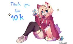 1girl anakoluth animal_ears arm_support black_thighhighs blonde_hair blue_eyes blush closed_mouth dog_ears dog_girl dog_tail full_body furry furry_female garter_straps highres hood hoodie long_sleeves looking_at_viewer milestone_celebration open_mouth original red_hoodie shoes short_hair smile sneakers solo tail thighhighs v white_footwear